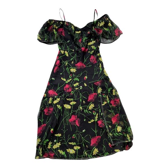 Jason Wu Grey Silk Chiffon Off Shoulder Dress Floral Black Multi Midi 2 GUC - Picture 1 of 14